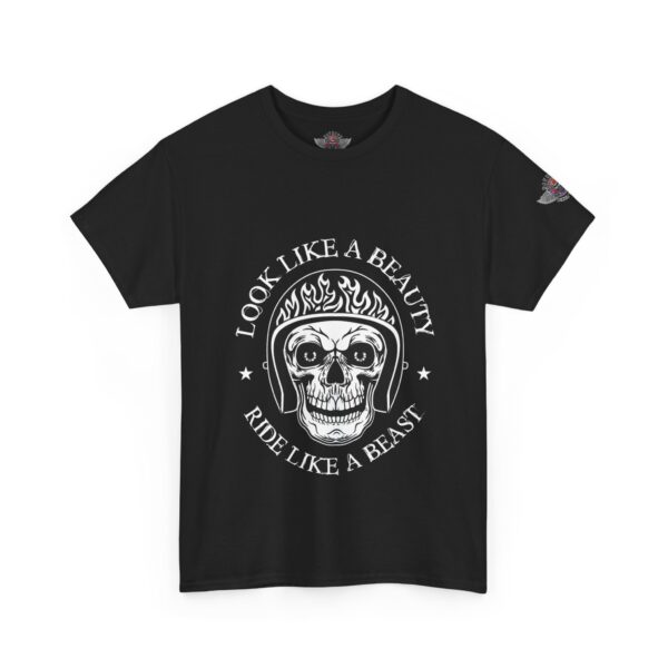 Look Like A Beauty, Ride Like A Beast - Unisex Heavy Cotton Tee - Motorcycle Statement T-Shirt for Bikers, Patriots, Gifts for Friends & Family, Casual Wear. - Image 2