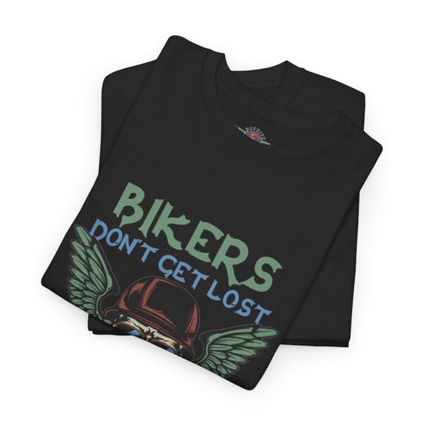 Bikers Don't Get Lost, We Just Discover Places We've Never Been Before - Unisex Heavy Cotton Tee - Motorcycle Statement T-Shirt for Bikers, Patriots, Gifts for Friends & Family, Casual Wear. - Image 3