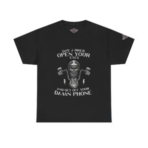 Save A Biker, Open Your Eyes And Get Off Your Damn Phone - Unisex Heavy Cotton Tee - Motorcycle Statement T-Shirt for Bikers, Patriots, Gifts for Friends & Family, Casual Wear.
