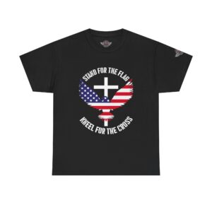 Stand For The Flag, Kneel For The Cross - Unisex Heavy Cotton Tee - Motorcycle Statement T-Shirt for Bikers, Patriots, Gifts for Friends & Family, Casual Wear.
